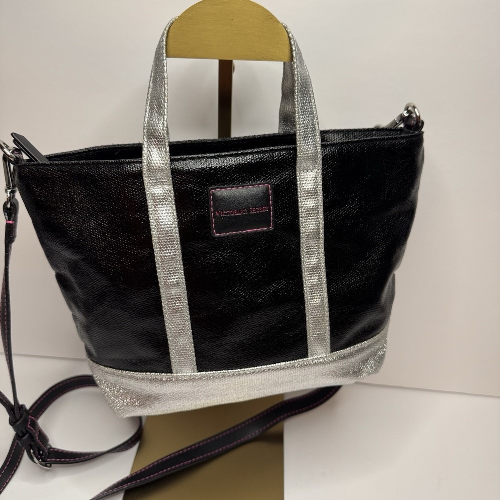 Victoria's Secret Small Tote Bag Limited Edition Black & Silver Cross Body 2017